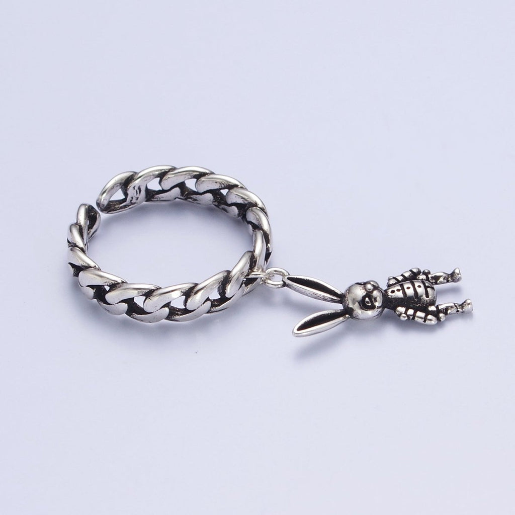 Antique Silver Curb Chain Link with Rabbit Bunny Charm Adjustable Silver Ring | X-577 - DLUXCA