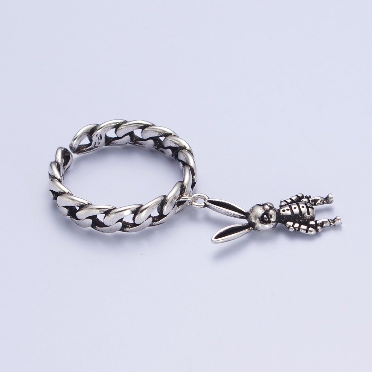 Antique Silver Curb Chain Link with Rabbit Bunny Charm Adjustable Silver Ring | X-577 - DLUXCA