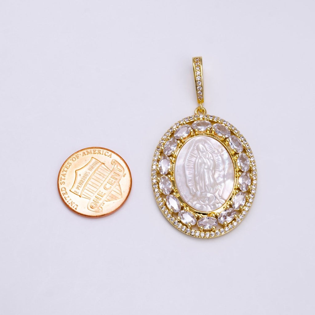 Antique Virgin Mary Lady Guadalupe Gold Pendant, Pearl Mary Pendant Religious Jewelry Making AA-745 - DLUXCA
