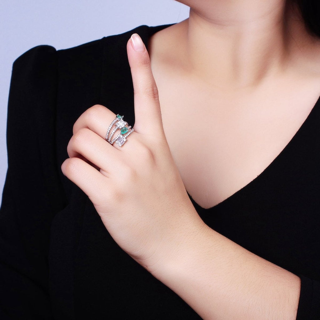 Aqua Tear Drop CZ Micro Paved Gold Wrap Baguette Stacking Ring O-1513 O-1514