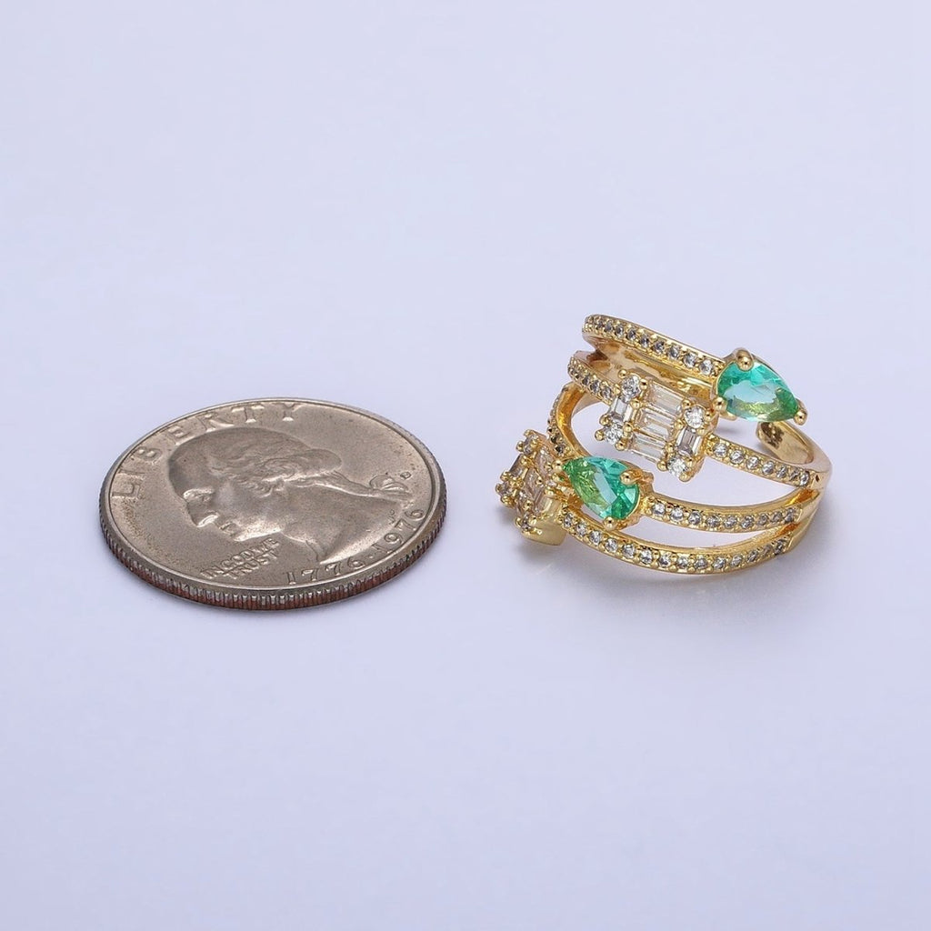Aqua Tear Drop CZ Micro Paved Gold Wrap Baguette Stacking Ring O-1513 O-1514