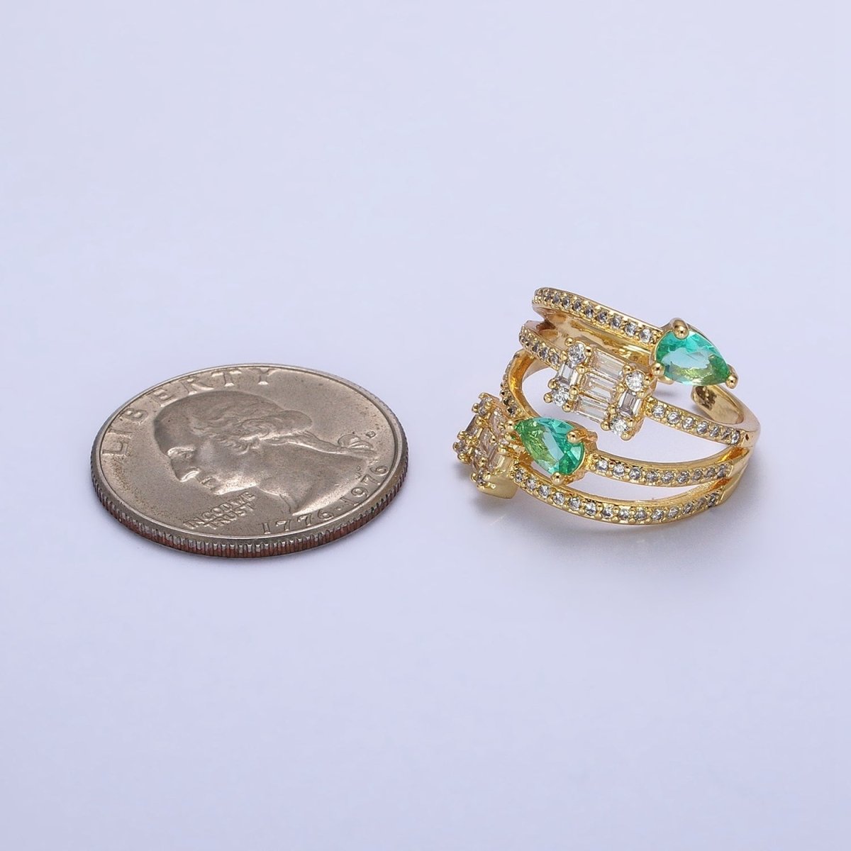 Aqua Tear Drop CZ Micro Paved Gold Wrap Baguette Stacking Ring O-1513 O-1514