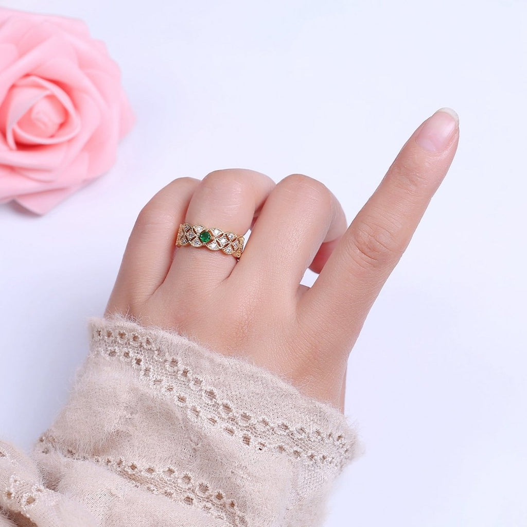Art Deco Green Emerald Cz Stone Midi Gold Ring Band Gold plated Round Open Adjustable Ring S-516 - DLUXCA