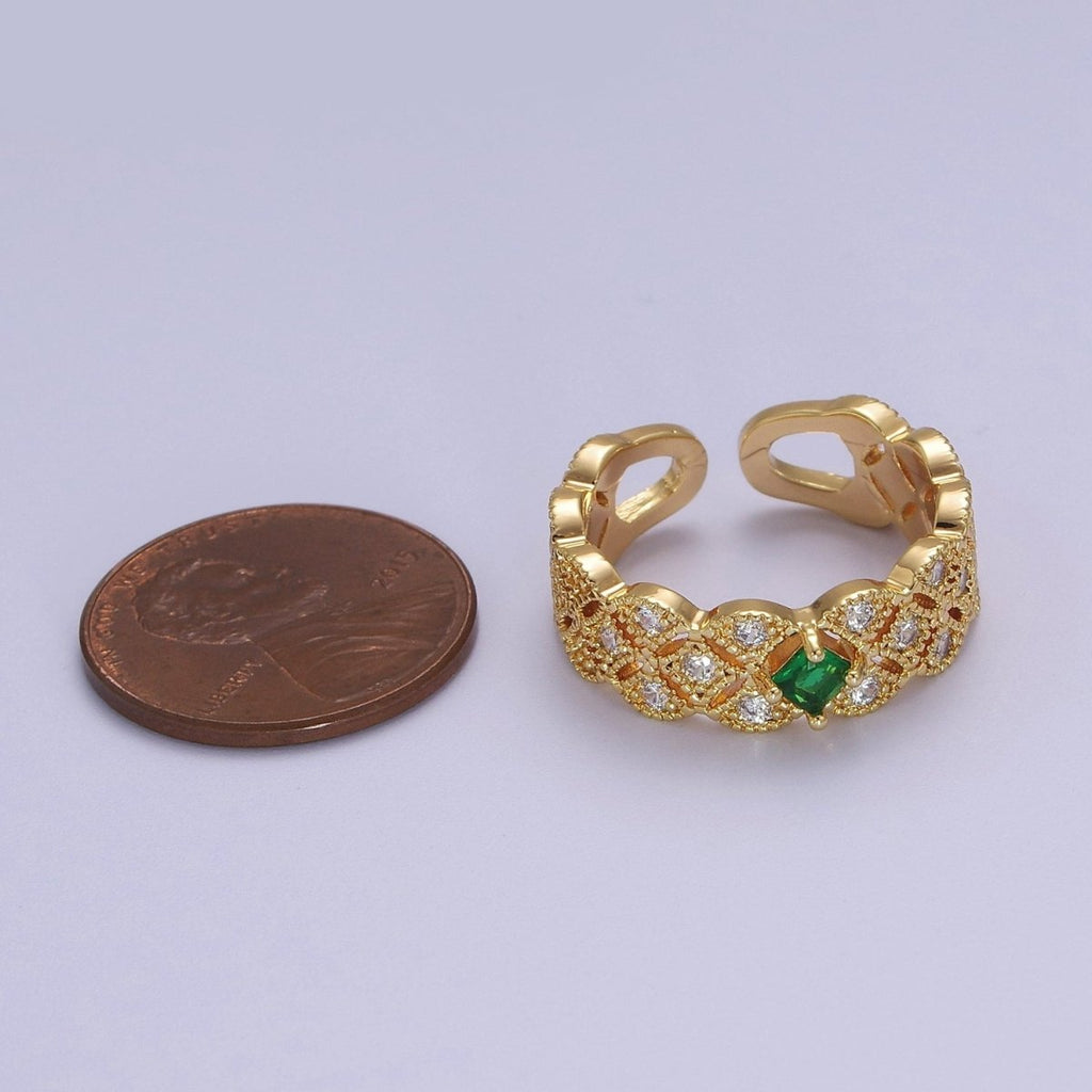 Art Deco Green Emerald Cz Stone Midi Gold Ring Band Gold plated Round Open Adjustable Ring S-516 - DLUXCA