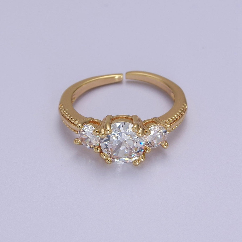 Art Deco Vintage 3-Stone Three Stone Round CZ Halo Wedding Engagement Ring Band Gold plated Round Open Adjustable Ring S-515 - DLUXCA