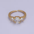 Art Deco Vintage 3-Stone Three Stone Round CZ Halo Wedding Engagement Ring Band Gold plated Round Open Adjustable Ring S-515 - DLUXCA
