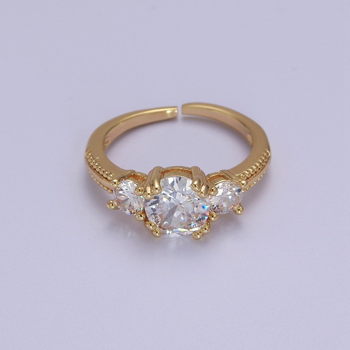 Art Deco Vintage 3-Stone Three Stone Round CZ Halo Wedding Engagement Ring Band Gold plated Round Open Adjustable Ring S-515 - DLUXCA