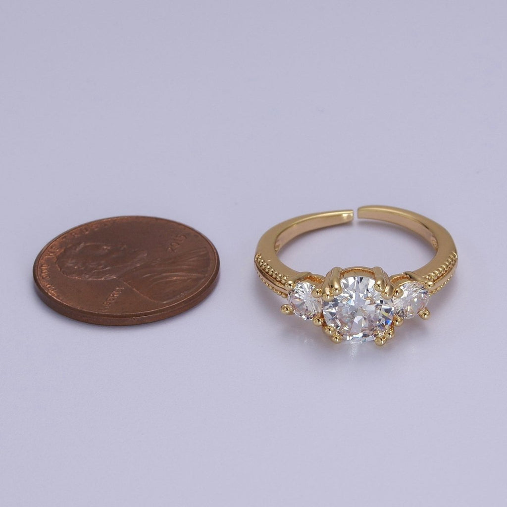 Art Deco Vintage 3-Stone Three Stone Round CZ Halo Wedding Engagement Ring Band Gold plated Round Open Adjustable Ring S-515 - DLUXCA