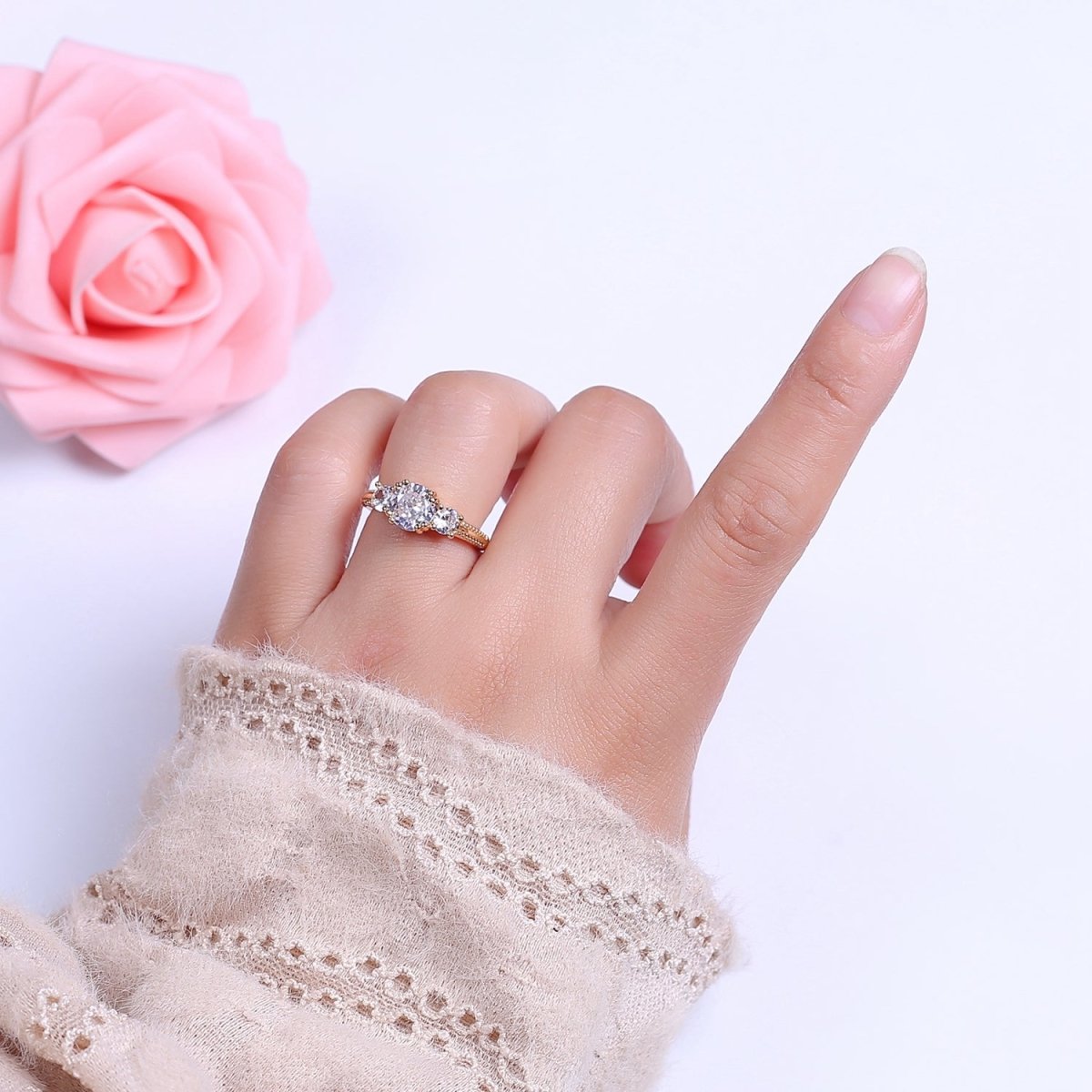 Art Deco Vintage 3-Stone Three Stone Round CZ Halo Wedding Engagement Ring Band Gold plated Round Open Adjustable Ring S-515 - DLUXCA