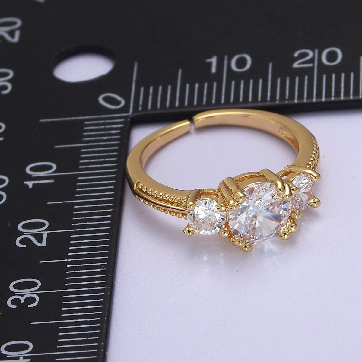 Art Deco Vintage 3-Stone Three Stone Round CZ Halo Wedding Engagement Ring Band Gold plated Round Open Adjustable Ring S-515 - DLUXCA