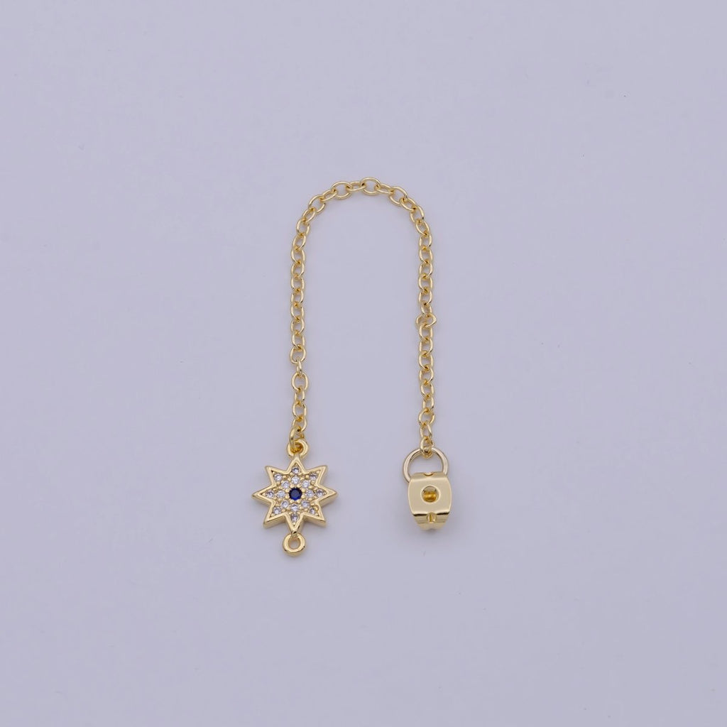 Back stopper w/ chain cz North Star Charm 2 pcs Gold plated Nickel free, Butterfly clutch chain Dainty earring back K-198 - DLUXCA