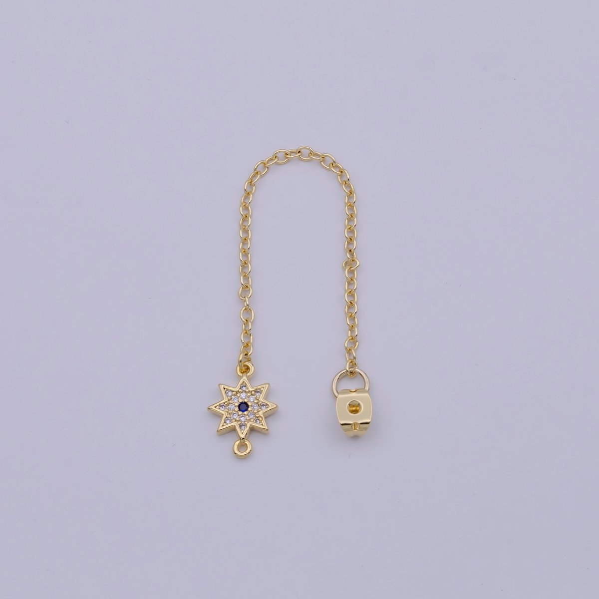 Back stopper w/ chain cz North Star Charm 2 pcs Gold plated Nickel free, Butterfly clutch chain Dainty earring back K-198 - DLUXCA