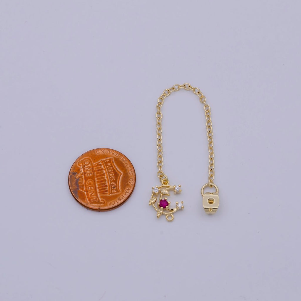 Back stopper w/ chain Pink Crescent Moon Charm 2 pcs Gold plated Nickel free, Butterfly clutch chain Dainty earring back K-187 - DLUXCA