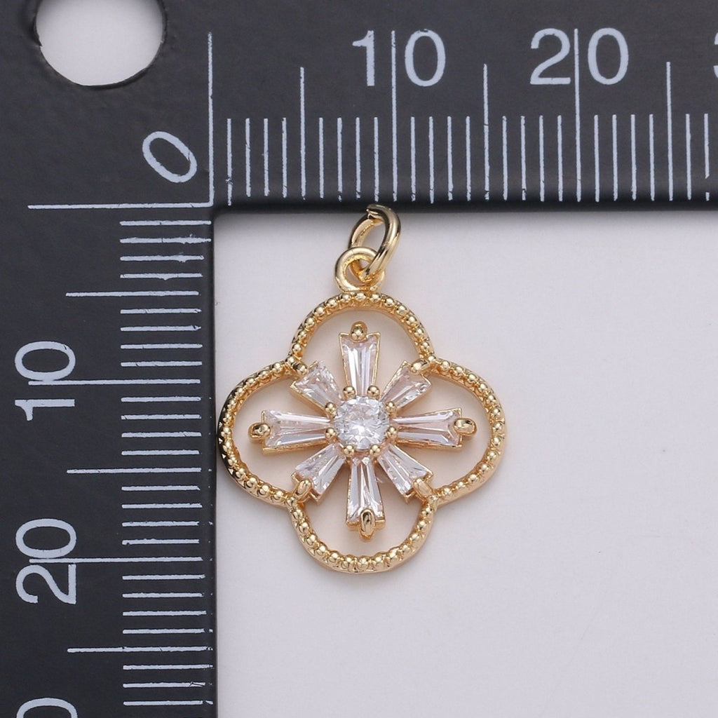 Baguette CZ Jasmine 24K Gold plated, Daisy Cluster Cubic Charm, Dainty Flower Pendant Dainty Vane Charm Compass bracelet earring necklace C-830 - DLUXCA
