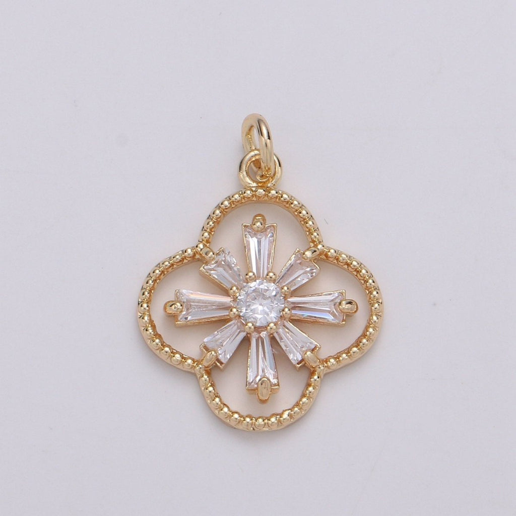 Baguette CZ Jasmine 24K Gold plated, Daisy Cluster Cubic Charm, Dainty Flower Pendant Dainty Vane Charm Compass bracelet earring necklace C-830 - DLUXCA