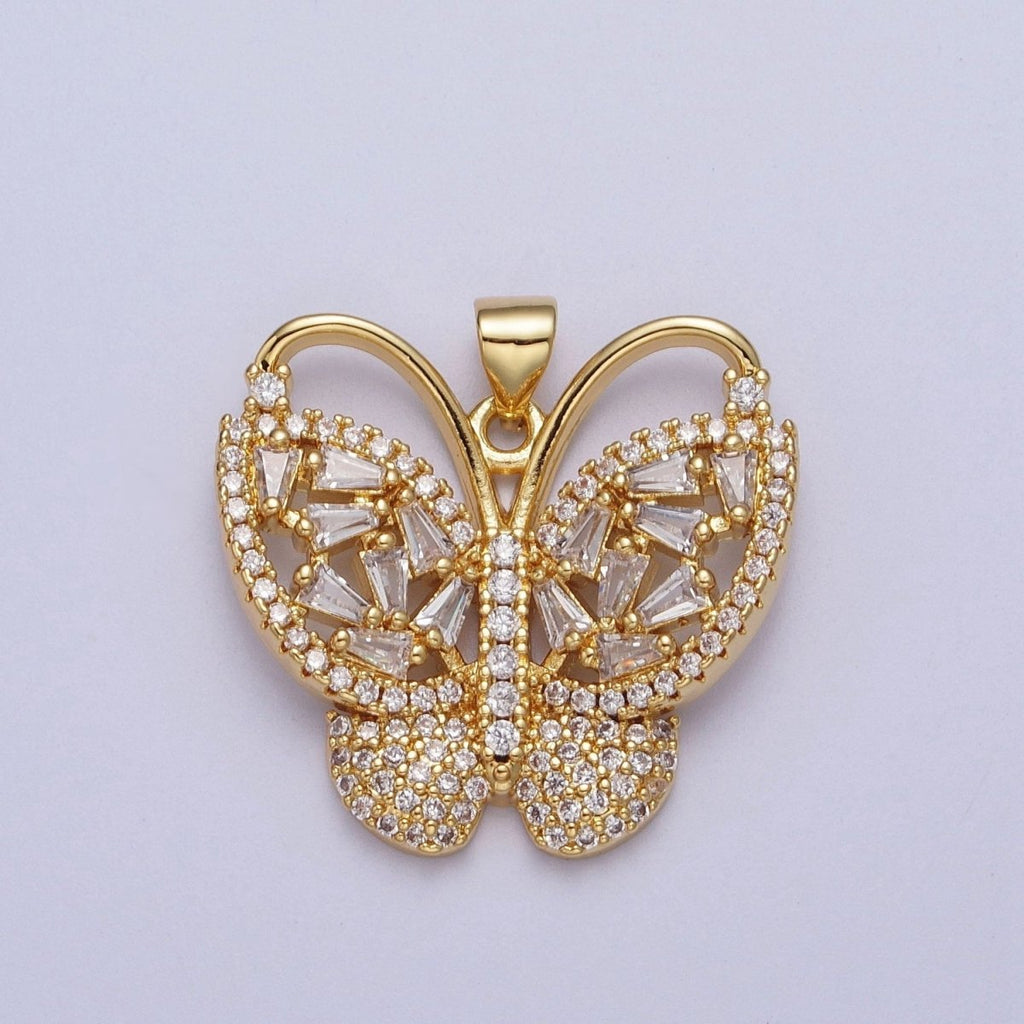 Baguette Micro Paved CZ Monarch Butterfly Gold Pendant H-166 - DLUXCA