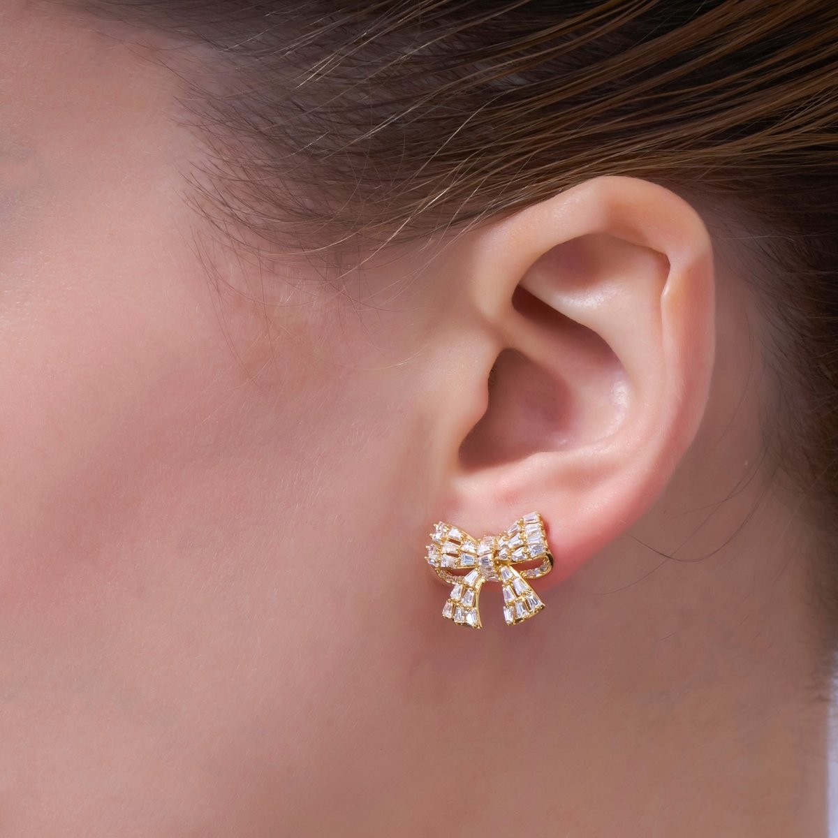 Baguette Micro Paved CZ Ribbon Bow Stud Earrings in Gold & Silver | AB293 AB294 