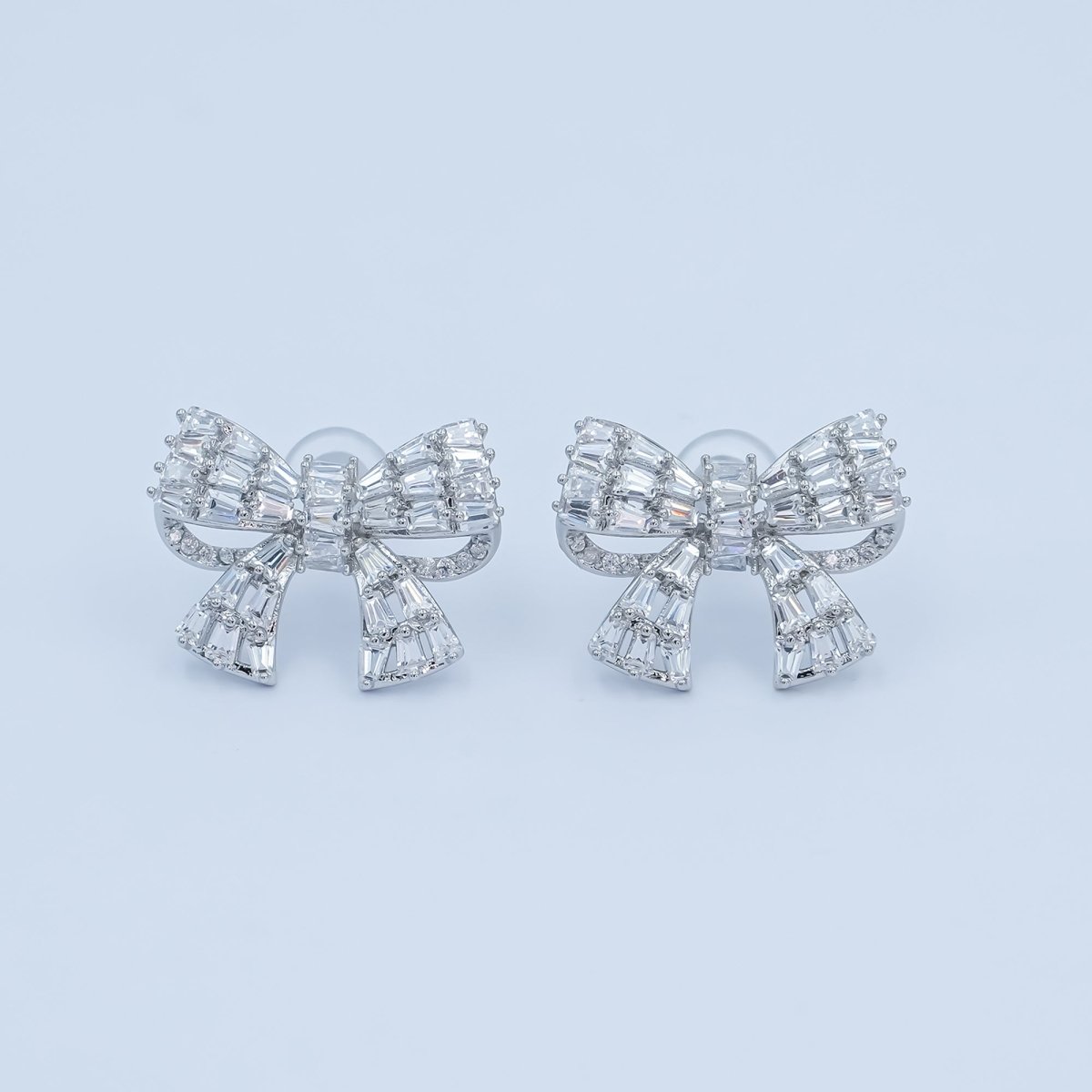 Baguette Micro Paved CZ Ribbon Bow Stud Earrings in Gold & Silver | AB293 AB294 
