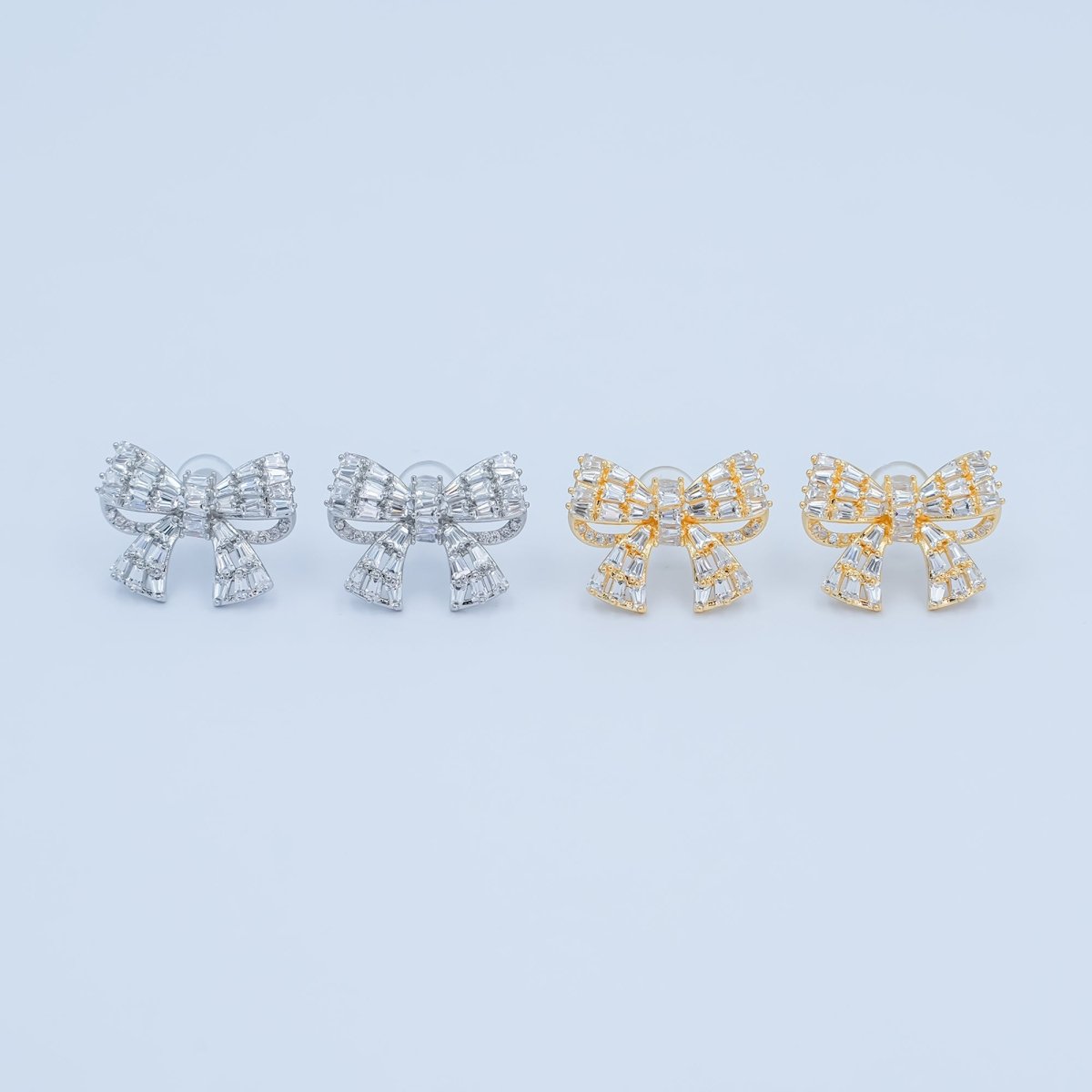 Baguette Micro Paved CZ Ribbon Bow Stud Earrings in Gold & Silver | AB293 AB294 