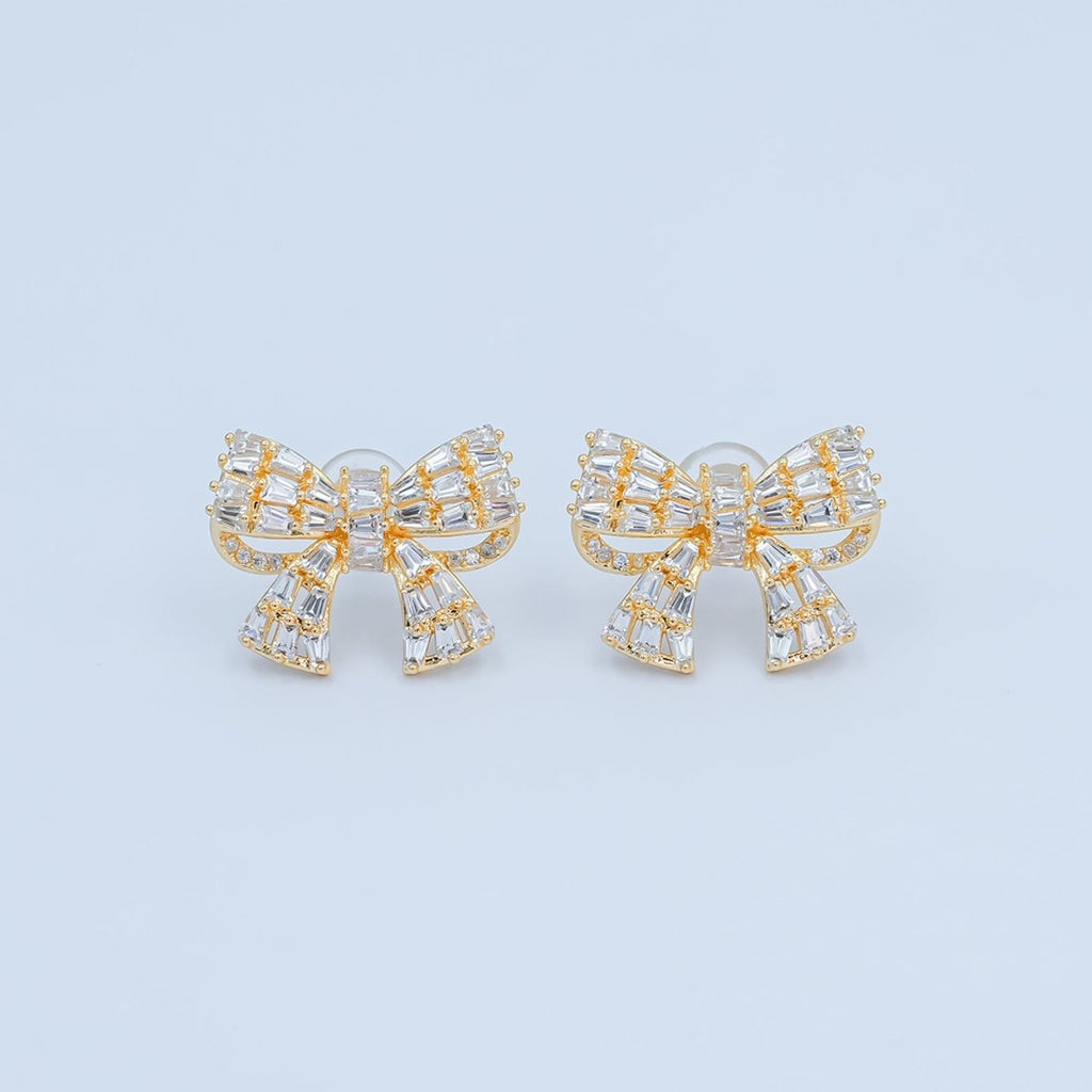 Baguette Micro Paved CZ Ribbon Bow Stud Earrings in Gold & Silver | AB293 AB294 