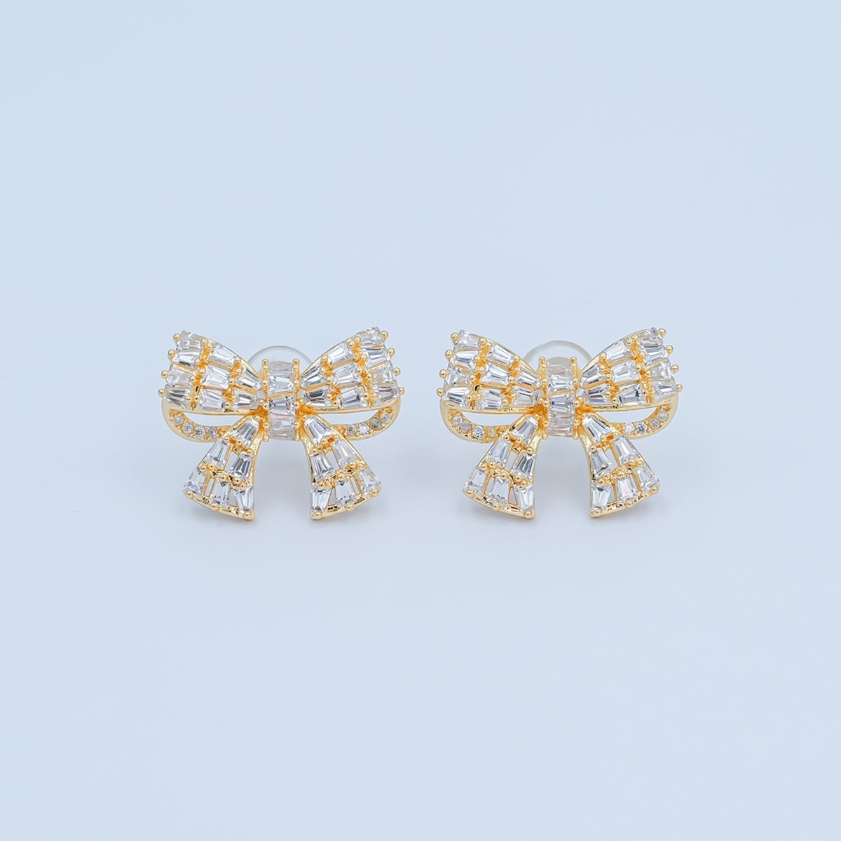 Baguette Micro Paved CZ Ribbon Bow Stud Earrings in Gold & Silver | AB293 AB294 