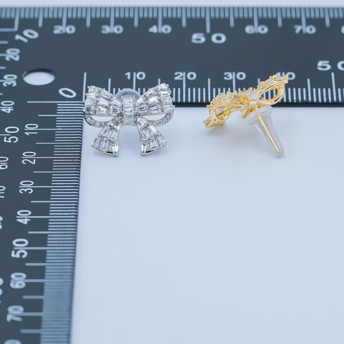 Baguette Micro Paved CZ Ribbon Bow Stud Earrings in Gold & Silver | AB293 AB294 