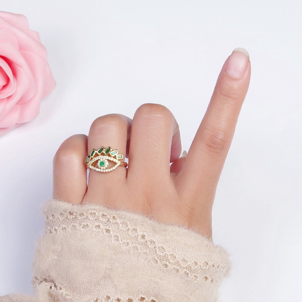 Baguette Ring Green Teal CZ Ring 16K Gold plated Stackable Trendy Evil Eye Ring Jewelry Open Adjustable Ring R-325 R-499