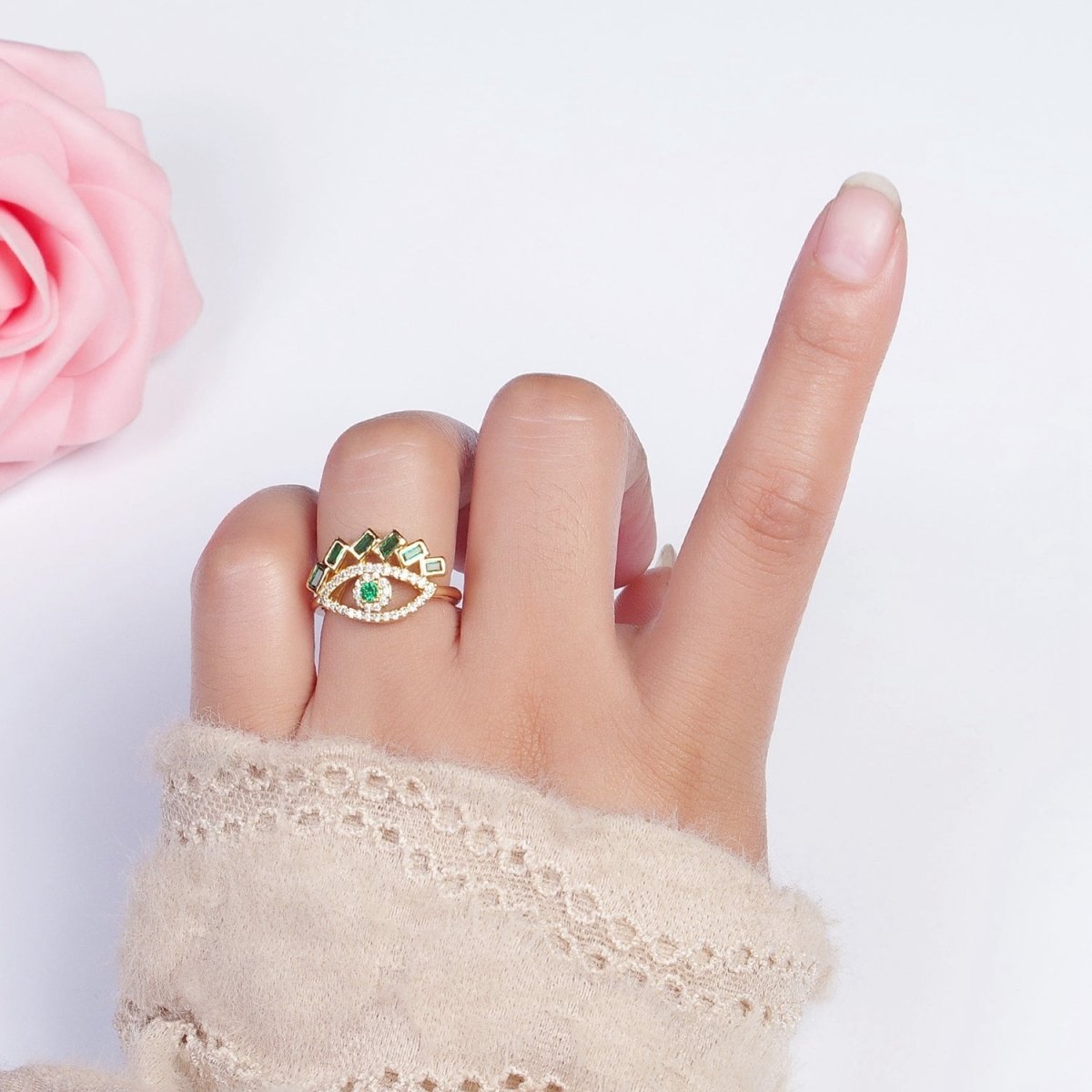 Baguette Ring Green Teal CZ Ring 16K Gold plated Stackable Trendy Evil Eye Ring Jewelry Open Adjustable Ring R-325 R-499
