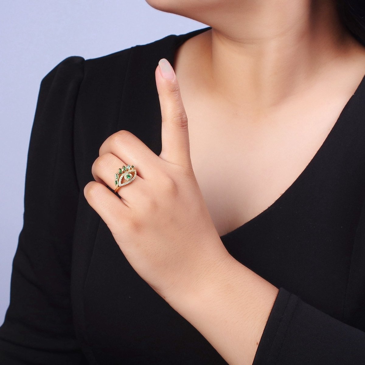 Baguette Ring Green Teal CZ Ring 16K Gold plated Stackable Trendy Evil Eye Ring Jewelry Open Adjustable Ring R-325 R-499
