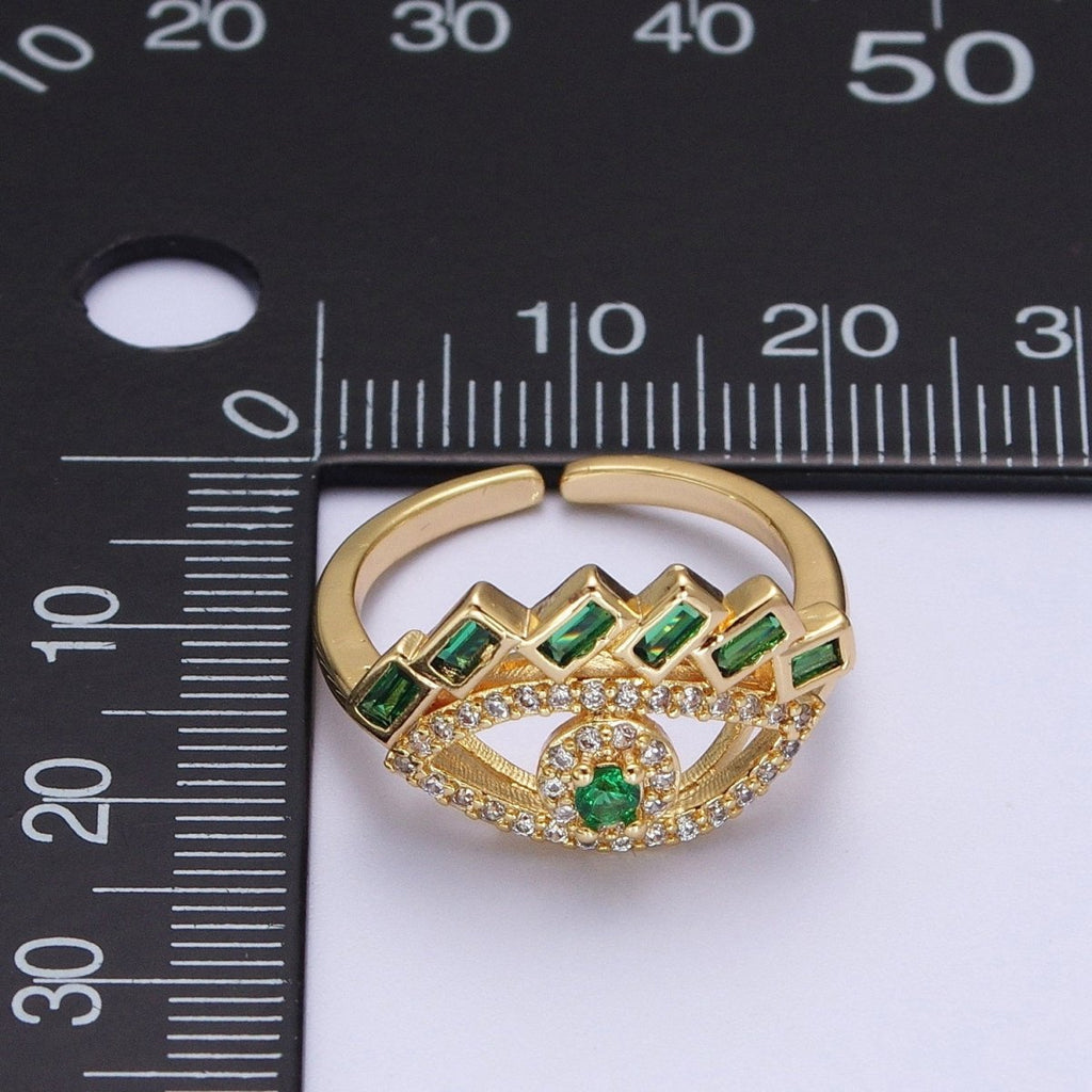 Baguette Ring Green Teal CZ Ring 16K Gold plated Stackable Trendy Evil Eye Ring Jewelry Open Adjustable Ring R-325 R-499