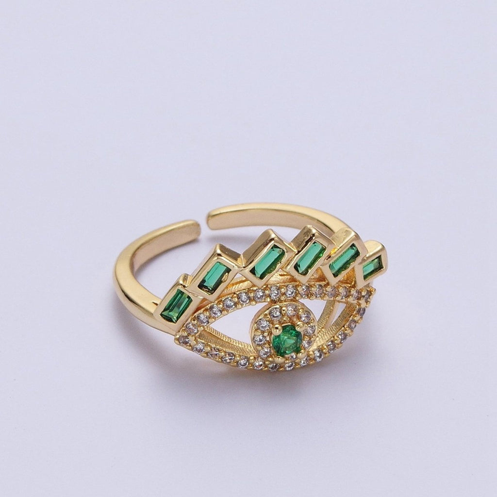 Baguette Ring Green Teal CZ Ring 16K Gold plated Stackable Trendy Evil Eye Ring Jewelry Open Adjustable Ring R-325 R-499