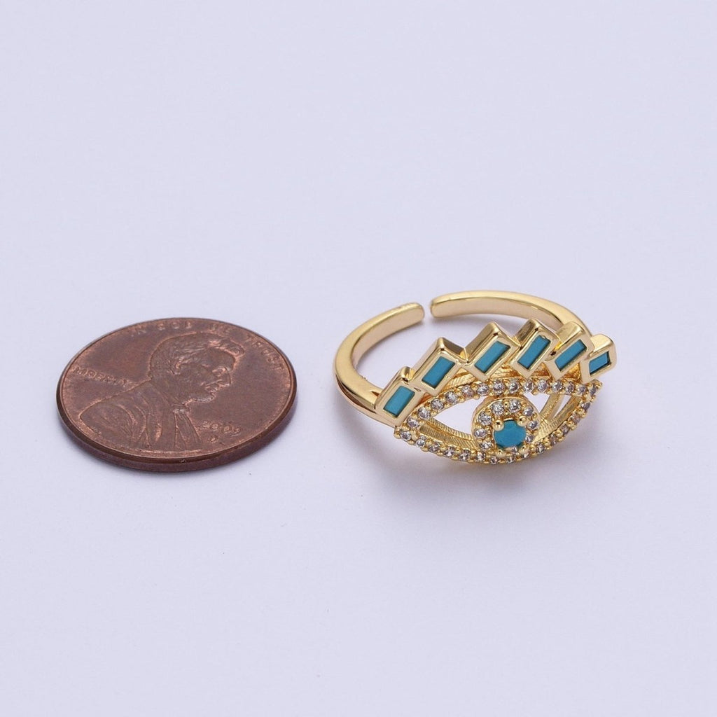 Baguette Ring Green Teal CZ Ring 16K Gold plated Stackable Trendy Evil Eye Ring Jewelry Open Adjustable Ring R-325 R-499