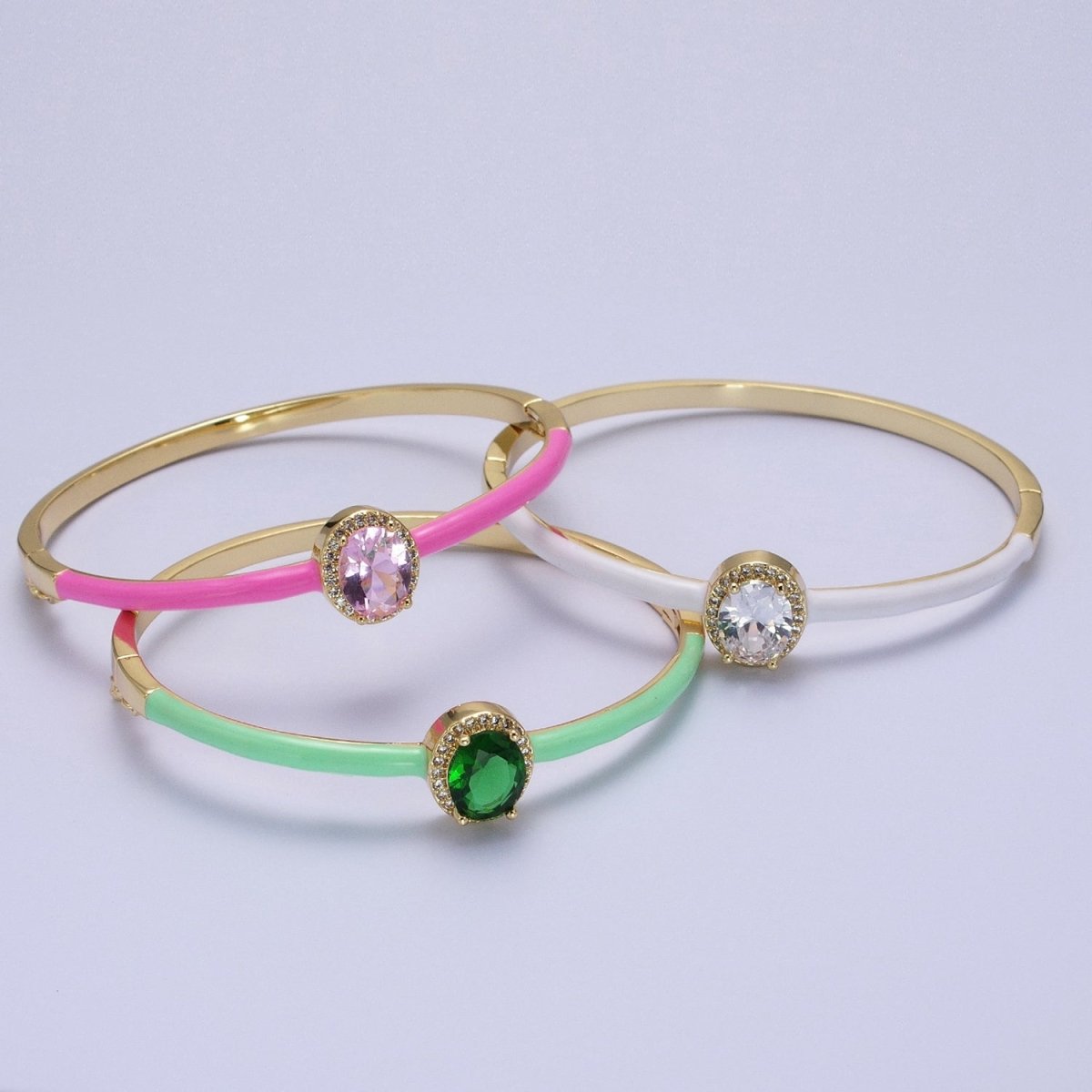 Barbie core Gold plated Oval White, Green, Pink Micro Paved Enamel Gold Bangle Bracelet | WA-1348 - WA-1350 Clearance Pricing