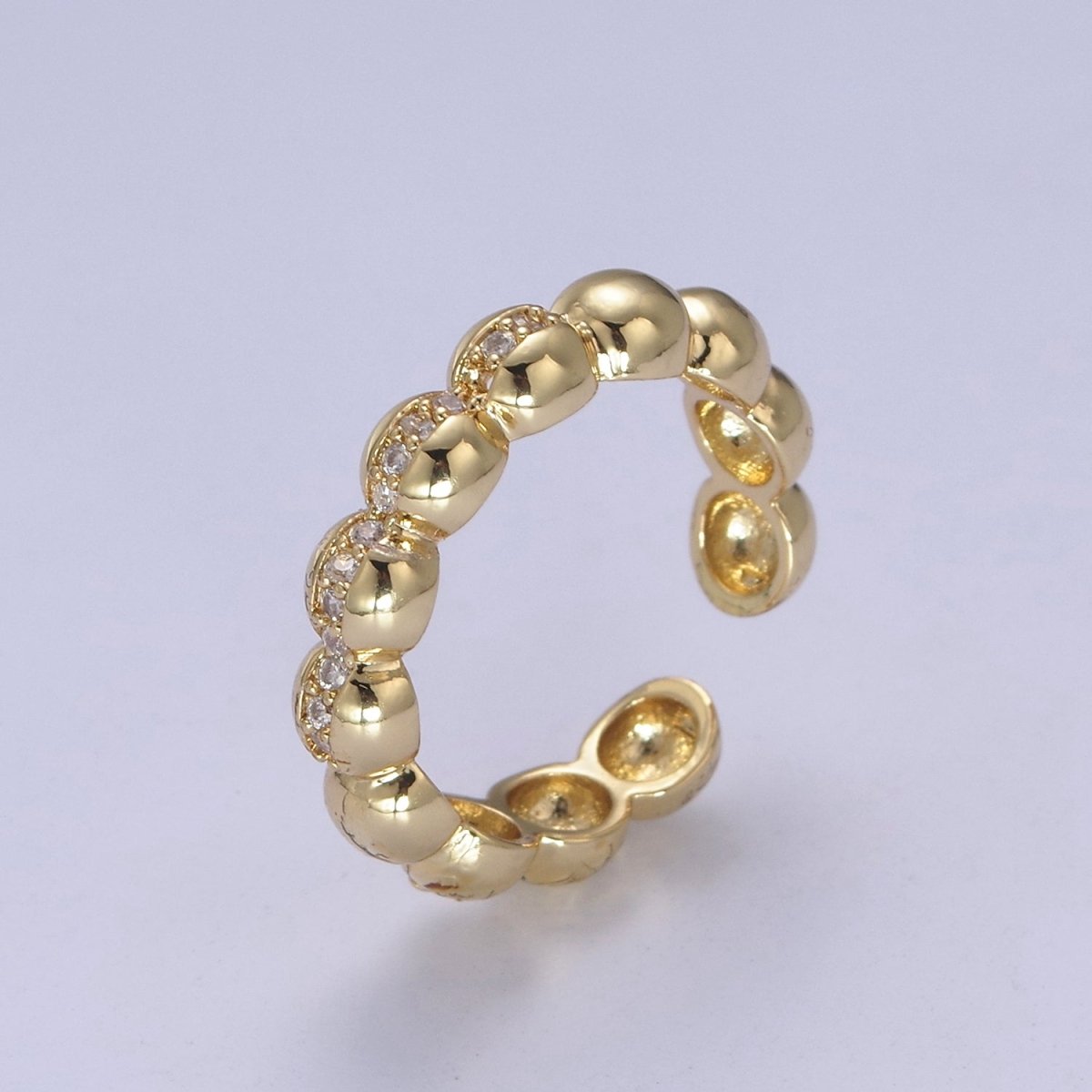 Beaded Textured 24K Gold plated Ring, Micro Pave CZ Open Adjustable Ring in Silver & Gold | U-444 U-445 - DLUXCA