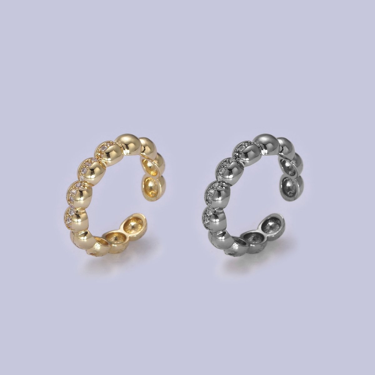 Beaded Textured 24K Gold plated Ring, Micro Pave CZ Open Adjustable Ring in Silver & Gold | U-444 U-445 - DLUXCA