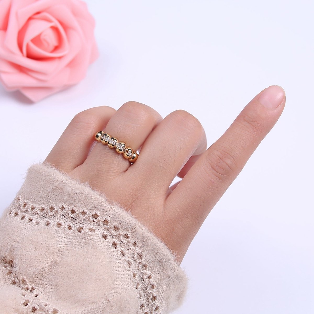 Beaded Textured 24K Gold plated Ring, Micro Pave CZ Open Adjustable Ring in Silver & Gold | U-444 U-445 - DLUXCA