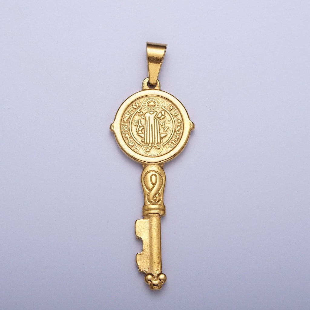 Big 24k Gold plated Saint Benedict Pendant Double Sided San Benito Charm Religious Key Pendant X-648 - DLUXCA