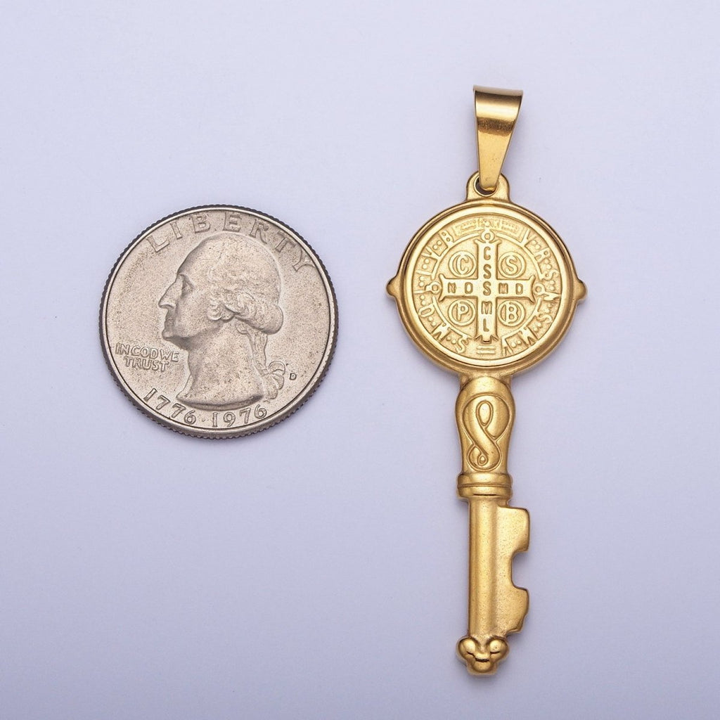 Big 24k Gold plated Saint Benedict Pendant Double Sided San Benito Charm Religious Key Pendant X-648 - DLUXCA