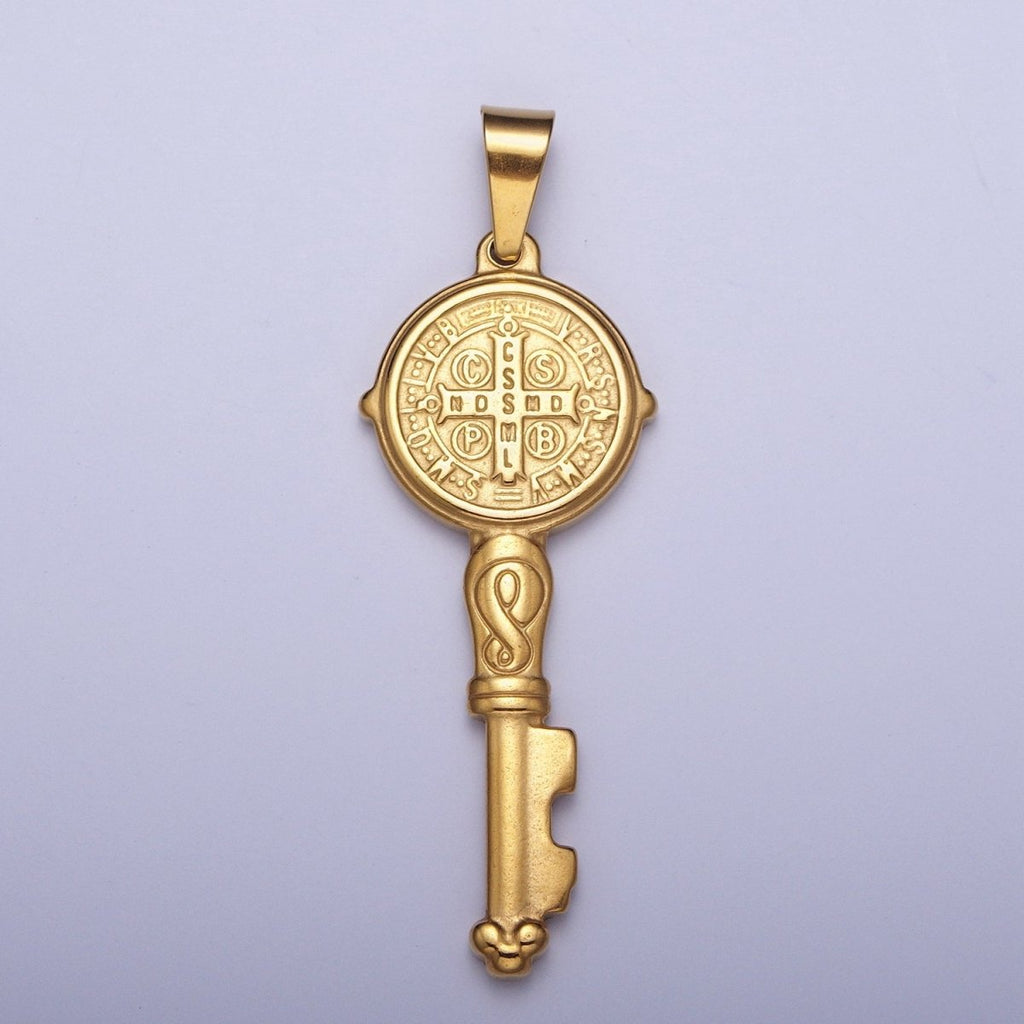 Big 24k Gold plated Saint Benedict Pendant Double Sided San Benito Charm Religious Key Pendant X-648 - DLUXCA