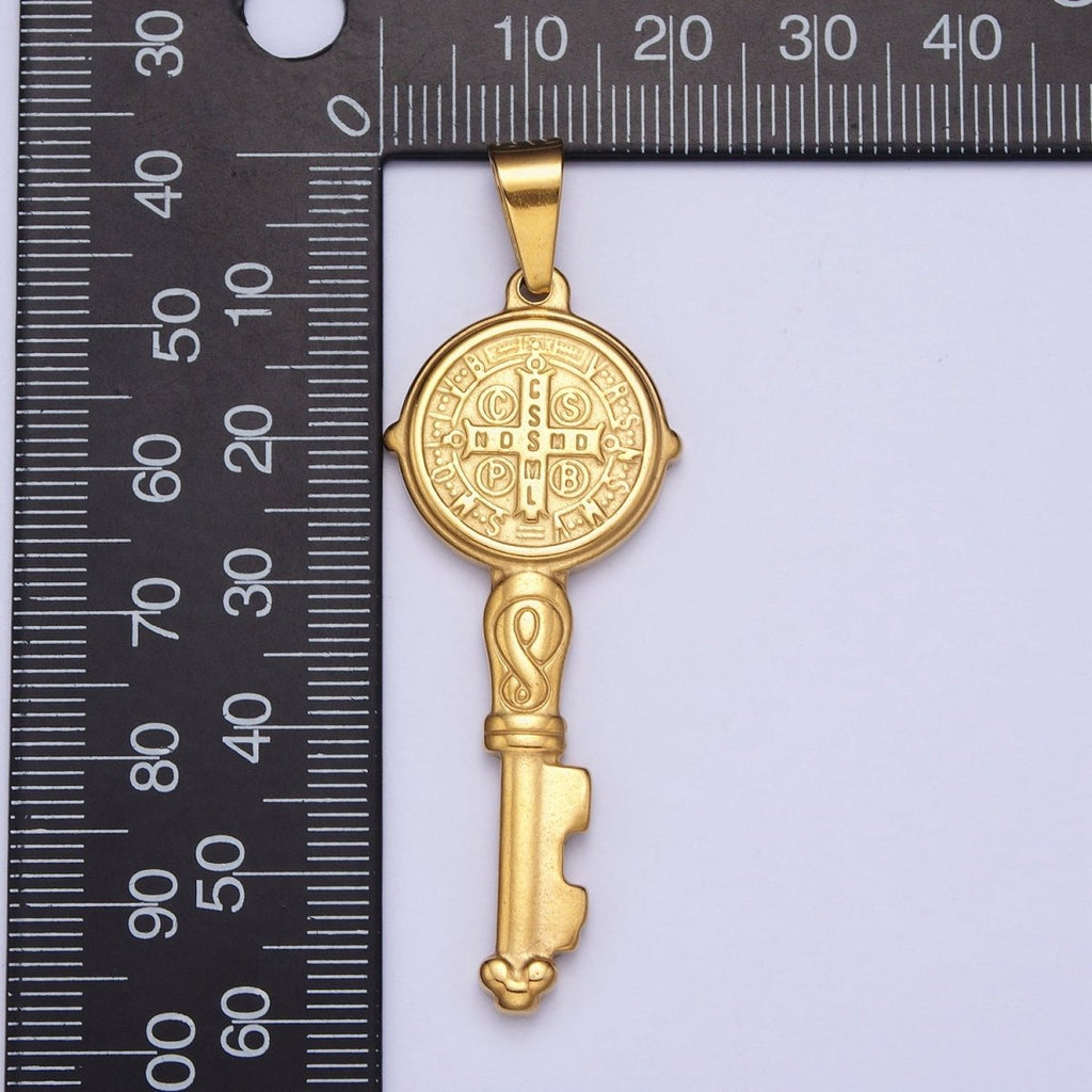 Big 24k Gold plated Saint Benedict Pendant Double Sided San Benito Charm Religious Key Pendant X-648 - DLUXCA