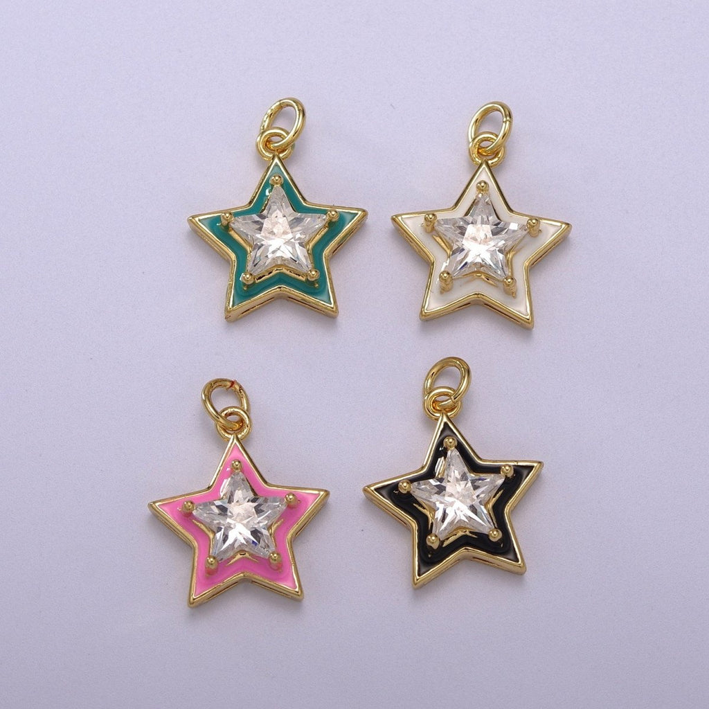 Big Clear CZ Enamel Colorful Star Shape Pendant 14K Gold plated Enamel Charm, Necklace Bracelet Component M-678 - M-681