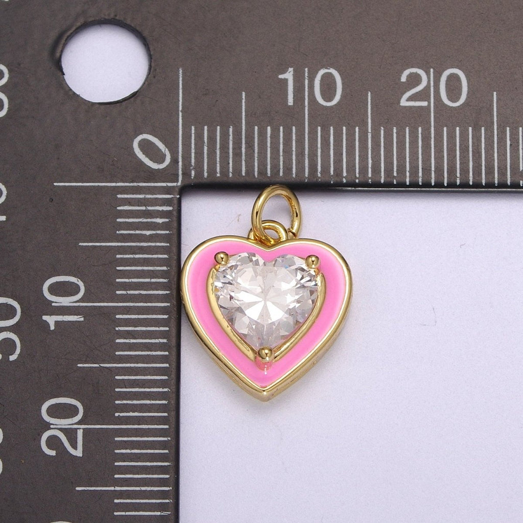 Big Clear CZ Micro Pave on Enamel Colorful Heart Shape Pendant 14K Gold plated Enamel Charm, Necklace Bracelet Component M-670 - M-673