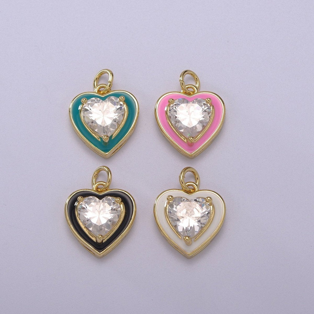 Big Clear CZ Micro Pave on Enamel Colorful Heart Shape Pendant 14K Gold plated Enamel Charm, Necklace Bracelet Component M-670 - M-673