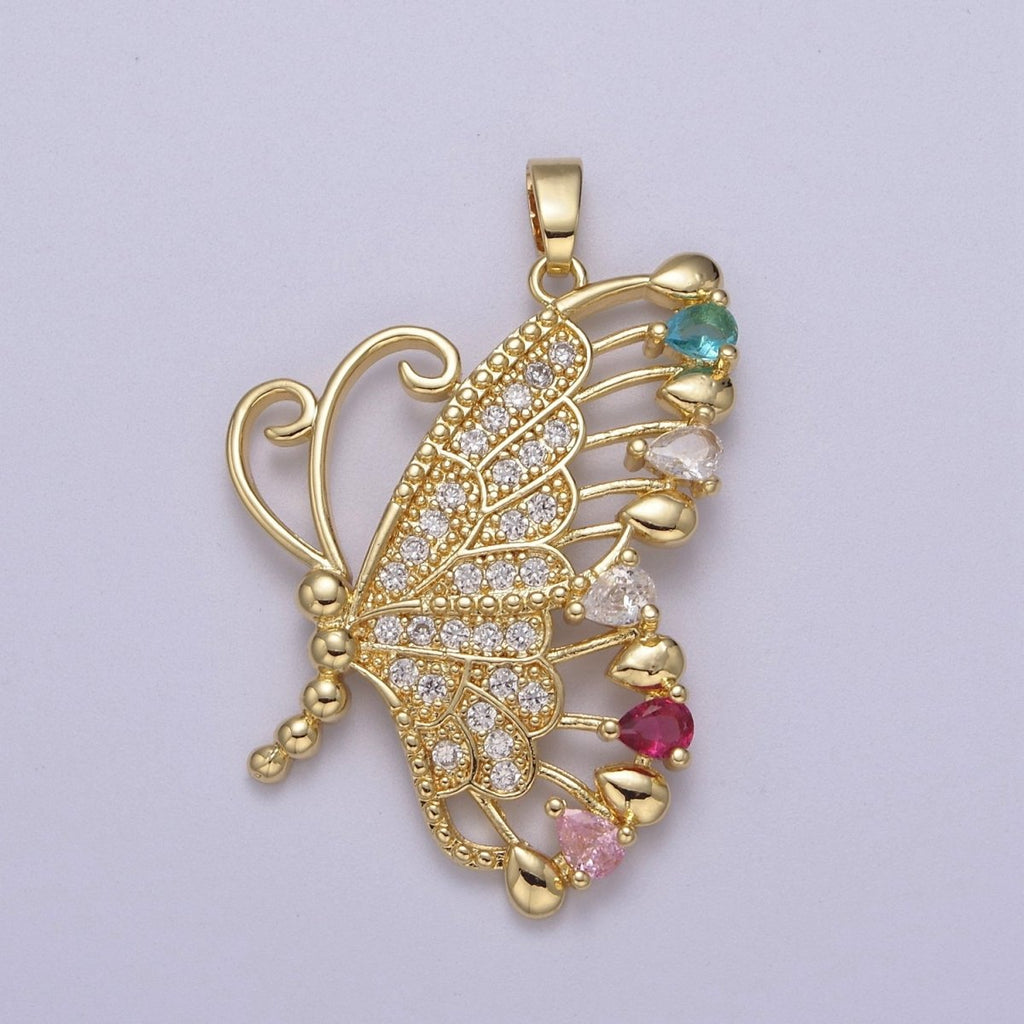 Big CZ Butterfly Pendant 24K Gold plated Mariposa Charm Necklace Supply J-518 - DLUXCA