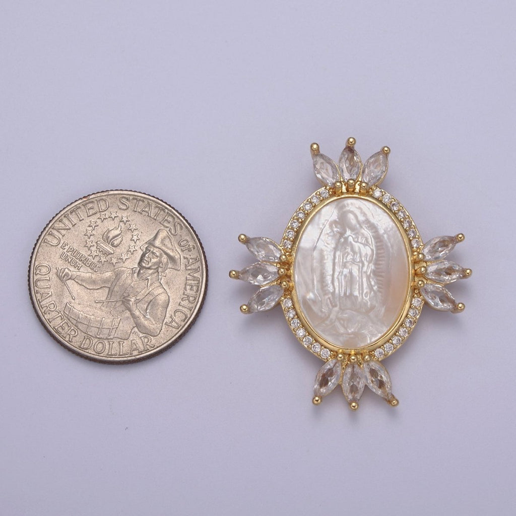 Big Medallion Pendant Cubic Zirconia Marquise Charm with Pearl Lady Guadalupe For Statement Necklace Religious Jewerly H-514 - DLUXCA