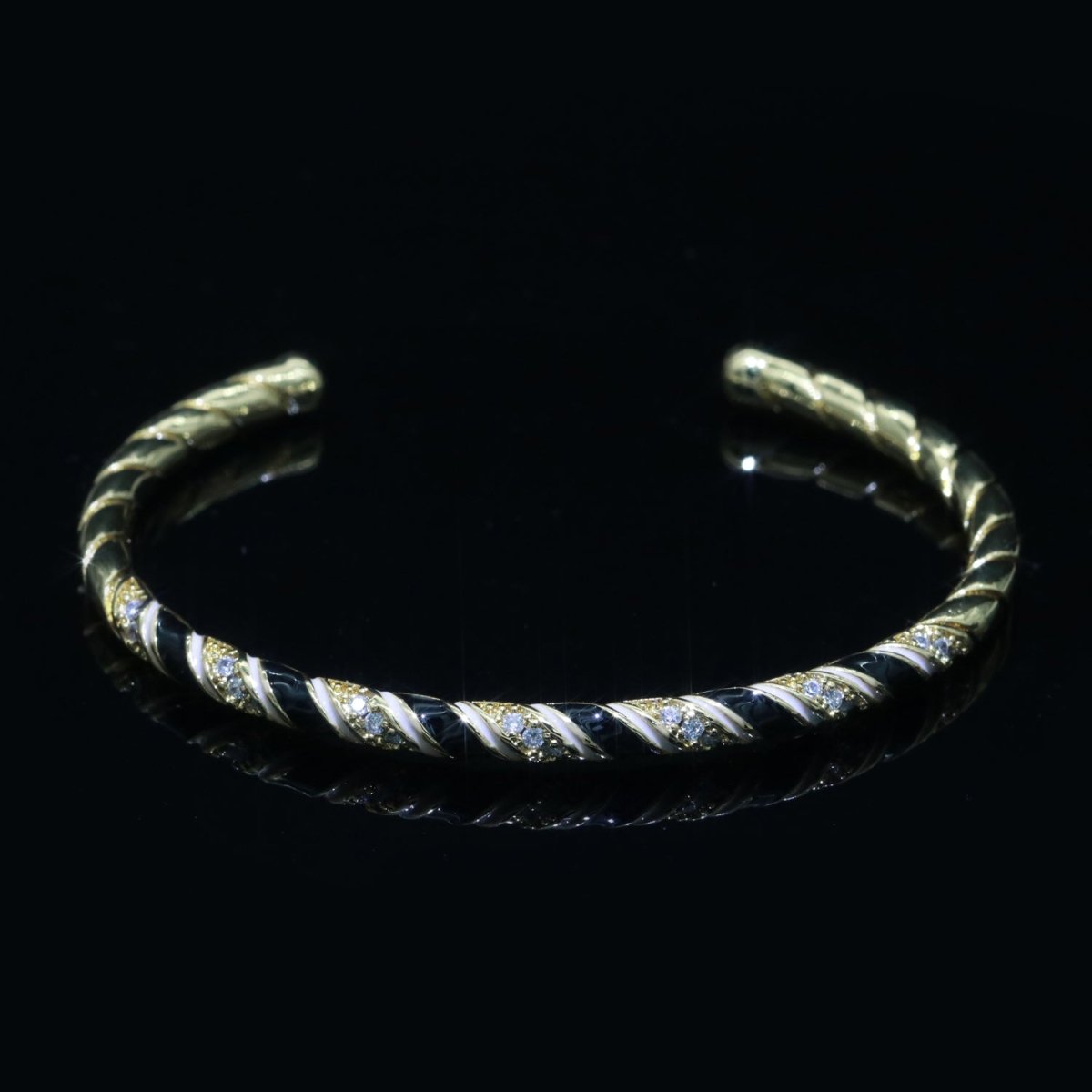 Black Enamel Geometric Swirl Gold plated Bangle Open Adjustable Bracelet Vintage Style Inspired | WA-114 Clearance Pricing - DLUXCA