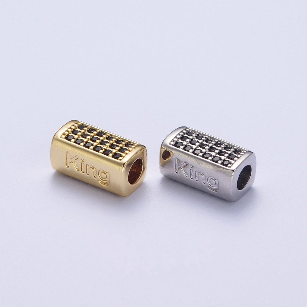 Black Micro Paved CZ Rectangular Bead with "King" Script Engraved in Gold & Silver |  B-073