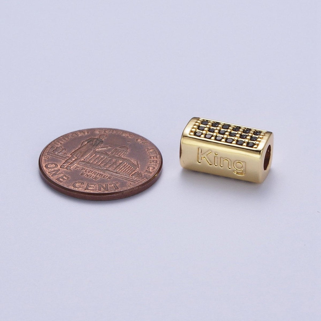 Black Micro Paved CZ Rectangular Bead with "King" Script Engraved in Gold & Silver |  B-073