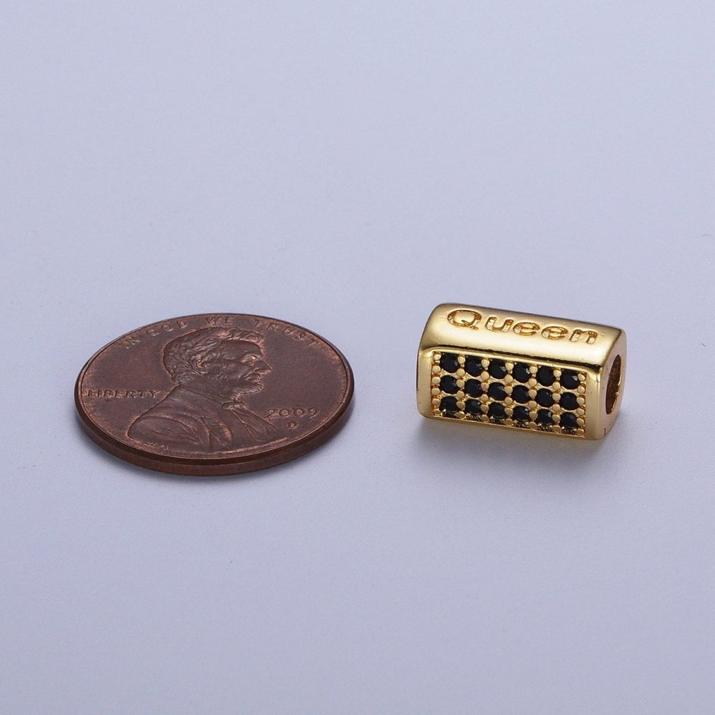 Black Micro Paved CZ Rectangular Bead with "Queen" Script Engraved in Gold & Silver, Jewelry Supply Making | B-936