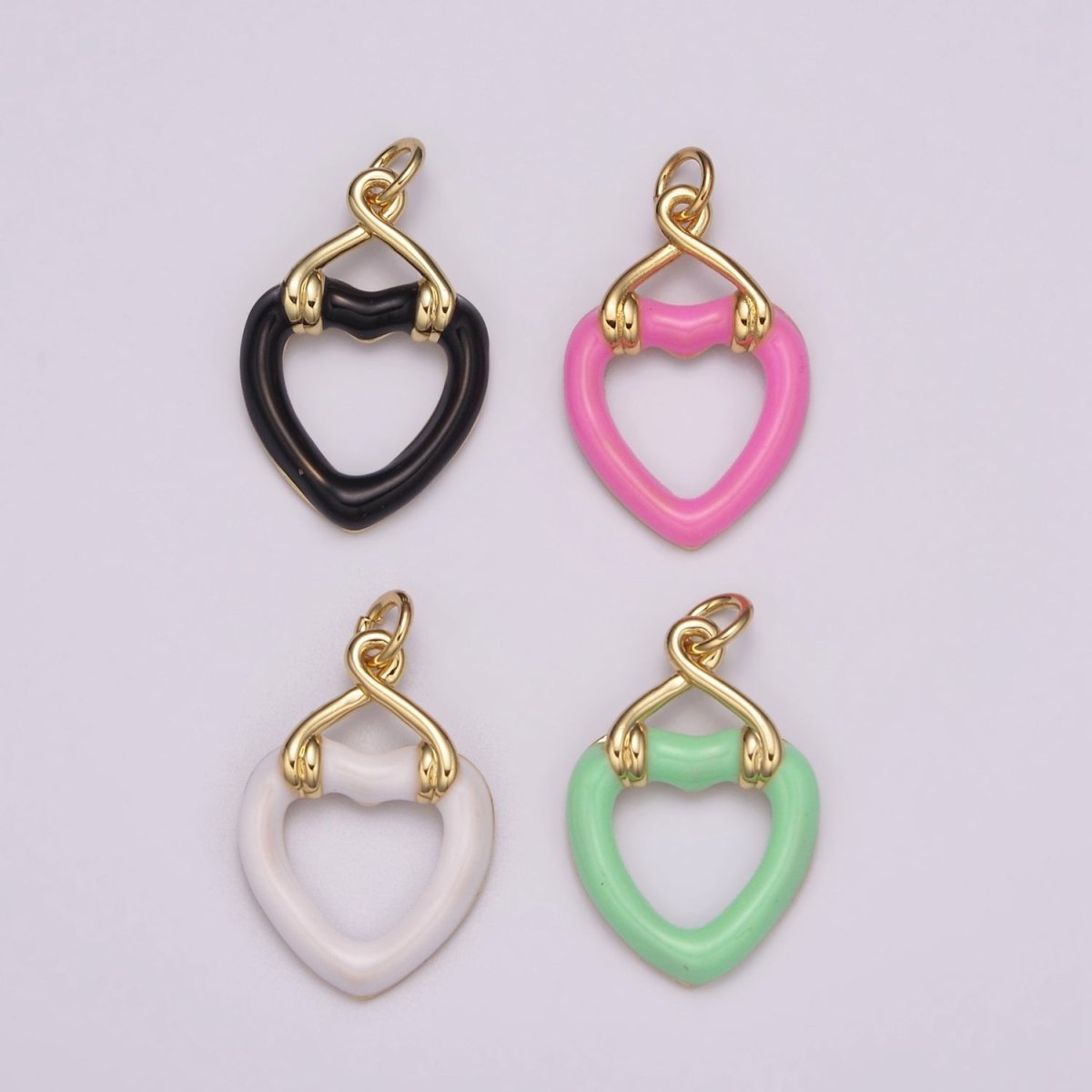 Black Open Heart Charms Enamel Colorful Hearts Black White Pink Green on Gold plated for Bracelet Earring Necklace Charm E-697-E-700